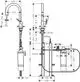 Schemazeichnung eines Hansgrohe Wassersystems mit Ausziehauslauf. Abmessungen und Anschlussdetails sind grafisch dargestellt. Technische Informationen zu Installation und Montage sind enthalten.